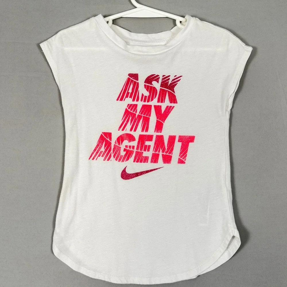 Nike Graphic Tee Girls Size 4 XS White Pink Ask My Agent New No Tags Glitter